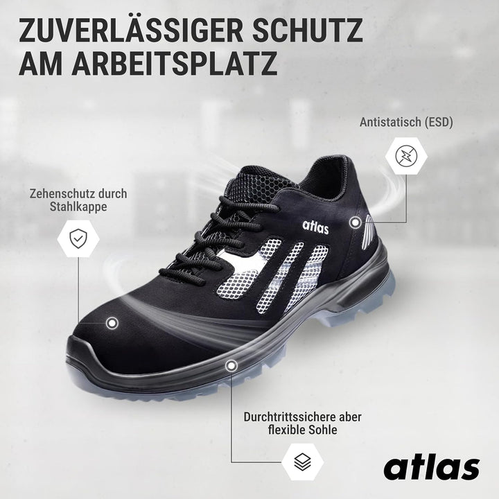 Atlas Flash 2005 | ESD S1P Arbeits-ind Sicherheitsschuhe 37 EU Schwarz Silber, 38 EU