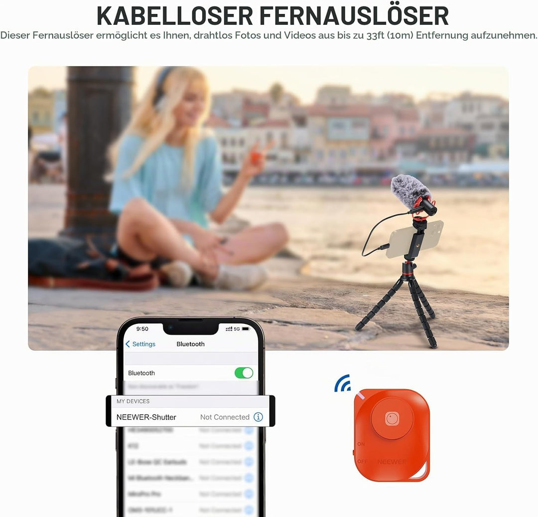 NEEWER Basic Stativ für iPhone mit Fernbedienung/Action Adapter/Telefonhalter, Telefon Stativ Stand