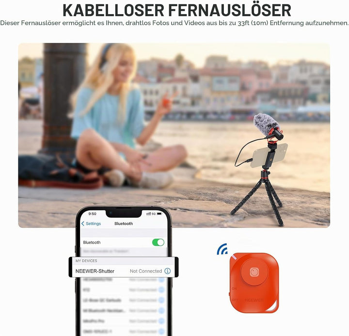 NEEWER Basic Stativ für iPhone mit Fernbedienung/Action Adapter/Telefonhalter, Telefon Stativ Stand