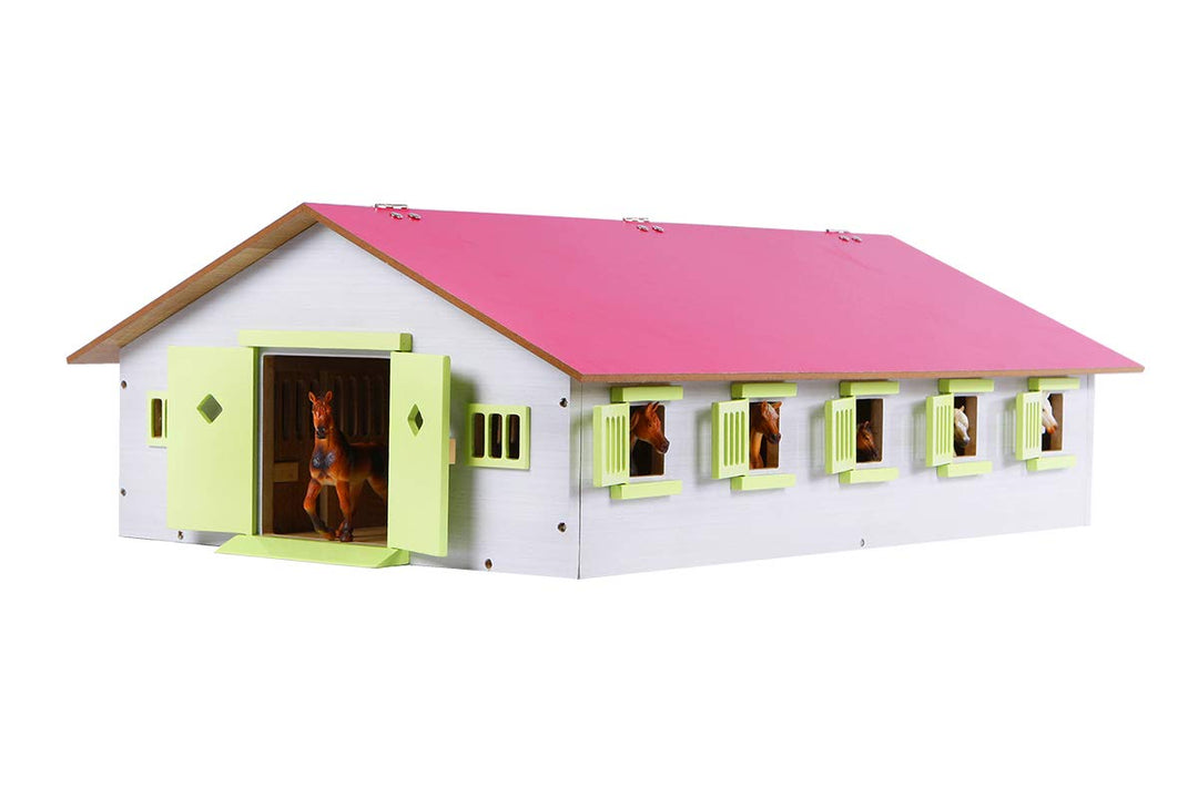 Kids Globe Farming Reiterhof rosa Bauernhof Pferdestall Holz 1:32 mit 9 Boxen, Spielzeug Pferdehof,