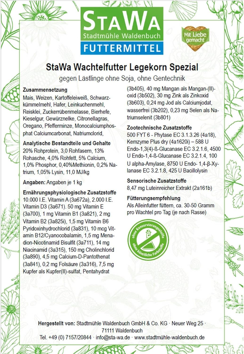 STAWA Wachtelfutter Legekorn Spezial, ohne Soja, mit natürlichen Milben Komplex, ohne Gentechnik, oh