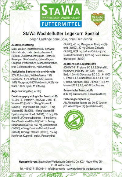 STAWA Wachtelfutter Legekorn Spezial, ohne Soja, mit natürlichen Milben Komplex, ohne Gentechnik, oh