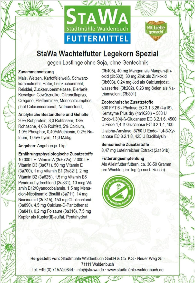 STAWA Wachtelfutter Legekorn Spezial, ohne Soja, mit natürlichen Milben Komplex, ohne Gentechnik, oh