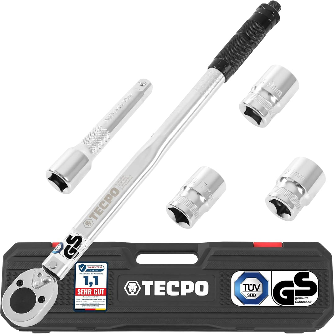 TECPO Drehmomentschlüssel Satz 1/2 Zoll Werkzeug 470mm lang 40-210 Nm 3x Steckschlüssel Nüsse 17mm 1