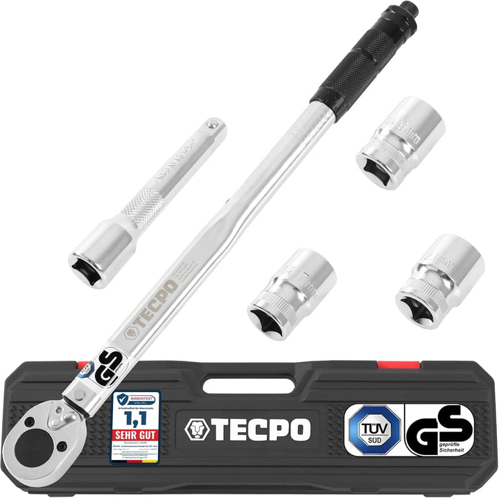 TECPO Drehmomentschlüssel Satz 1/2 Zoll Werkzeug 470mm lang 40-210 Nm 3x Steckschlüssel Nüsse 17mm 1