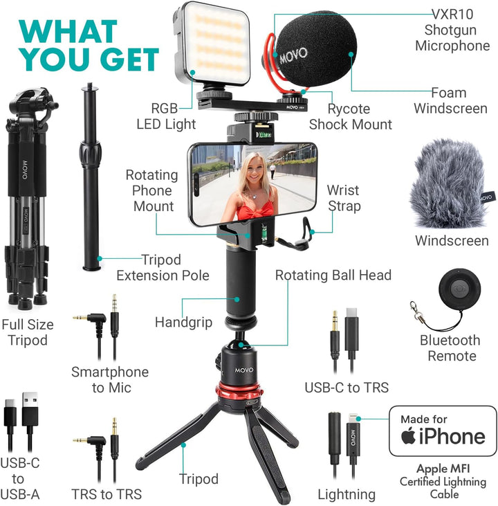 Movo iVlogger-PRO Vlogging-Kit mit Vollständigem Stativ für iPhone/Android – YouTube-Starter-Kit für