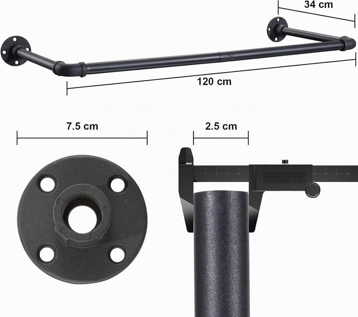 Kleiderstange für Wand, 120cm Garderobenstange im Industrie-Design Industrierohr Kleiderstange, bis
