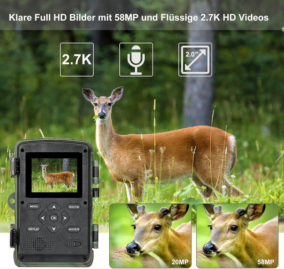 Wildkamera, 2.7K 48MP Video Wildtierkamera, 120 Weitwinkel Jagdkamera Testsieger mit Bewegungsmelder