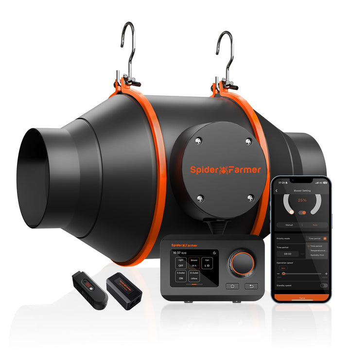 SPIDER FARMER 10,2 cm Inline Kanalventilator mit Temperatur- und Luftfeuchtigkeitskontrolle, Entlüft