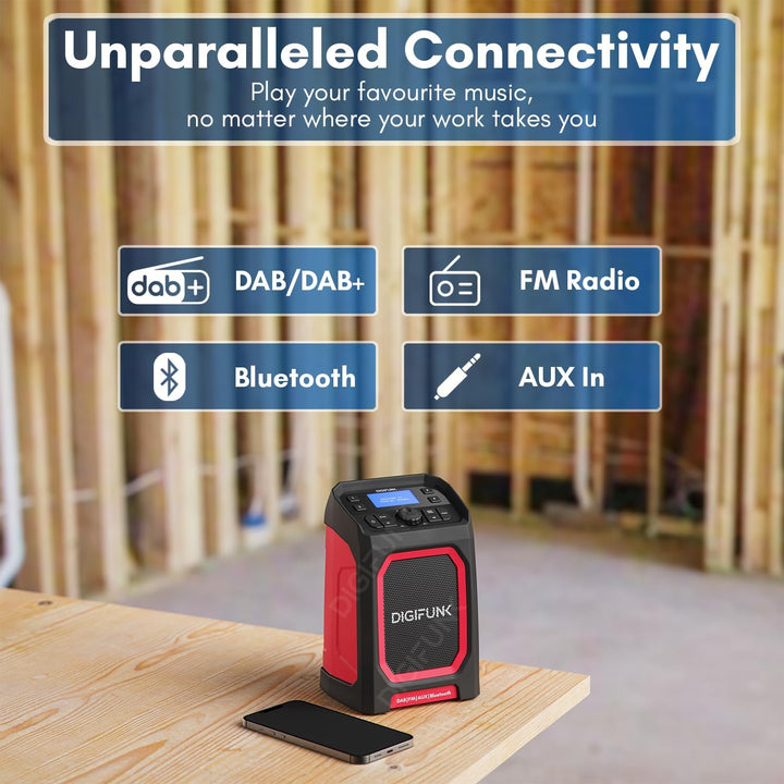 DigiFunk Baustellenradio mit Akku | Wiederaufladbar über USB | DAB+ / DAB, FM, Bluetooth, AUX | IP65
