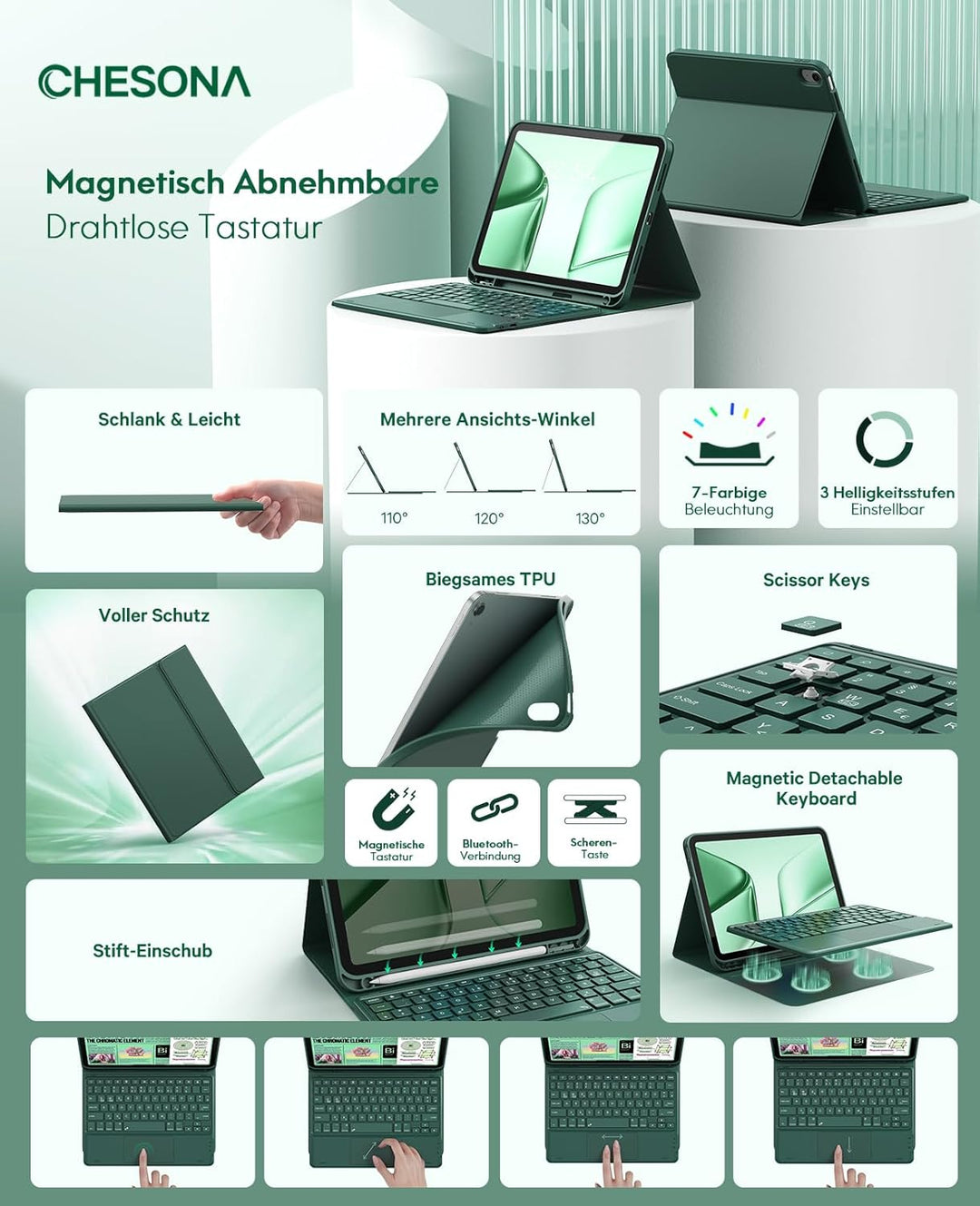 CHESONA Hülle mit Tastatur für iPad 10 Generation/11 Generation A16 2025, 7 Farben Beleuchtung, Mult