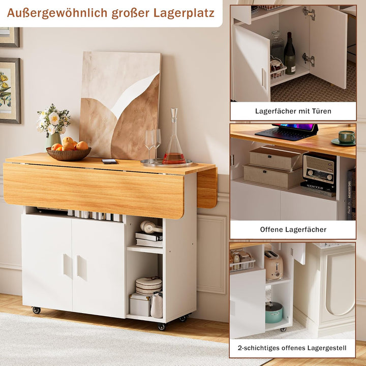 Mobiler Klapptisch Klappbarer Esstisch auf Rädern Klapptisch mit 1 grossen Schrank und 3 offenen Fac