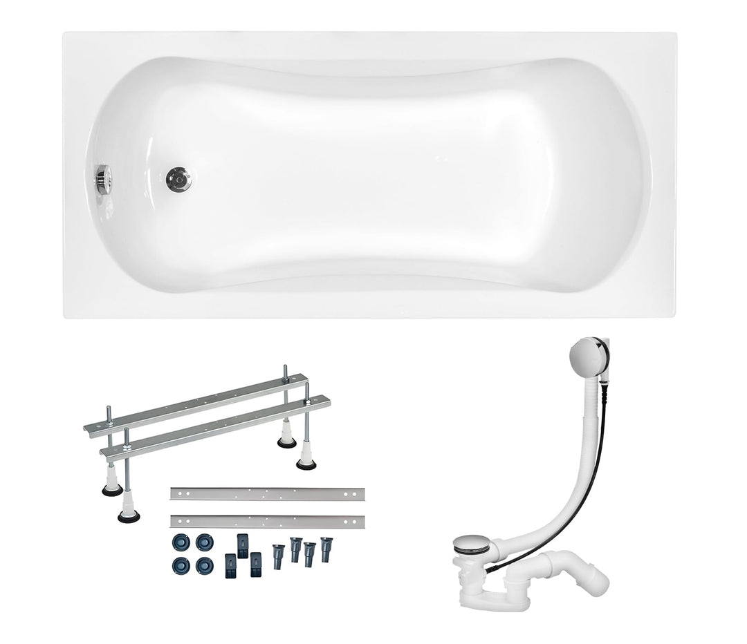 KOLMAN Badewanne ARIA Rechteck 150x70 ohne Verkleidung, Ablaufgarnitur und Füssen Komplettset 3in1 P