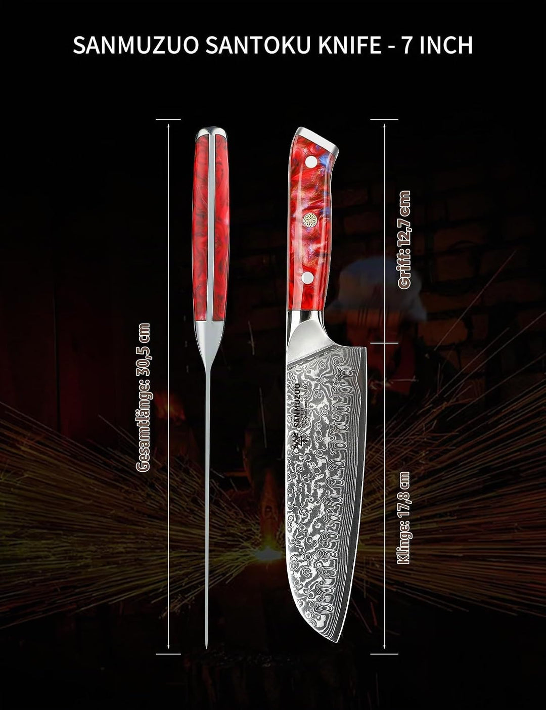 Damastmesser 18 cm Santokumesser - Japanisches Kochmesser - VG 10 Damaskus Stahl Küchenmesser mit Ha