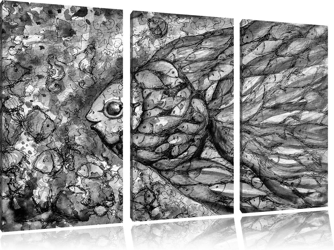 Pixxprint Bunte Fische Kunst als Leinwandbild | Grösse: 3 Teilig (120x80) | Wandbild| Kunstdruck | f