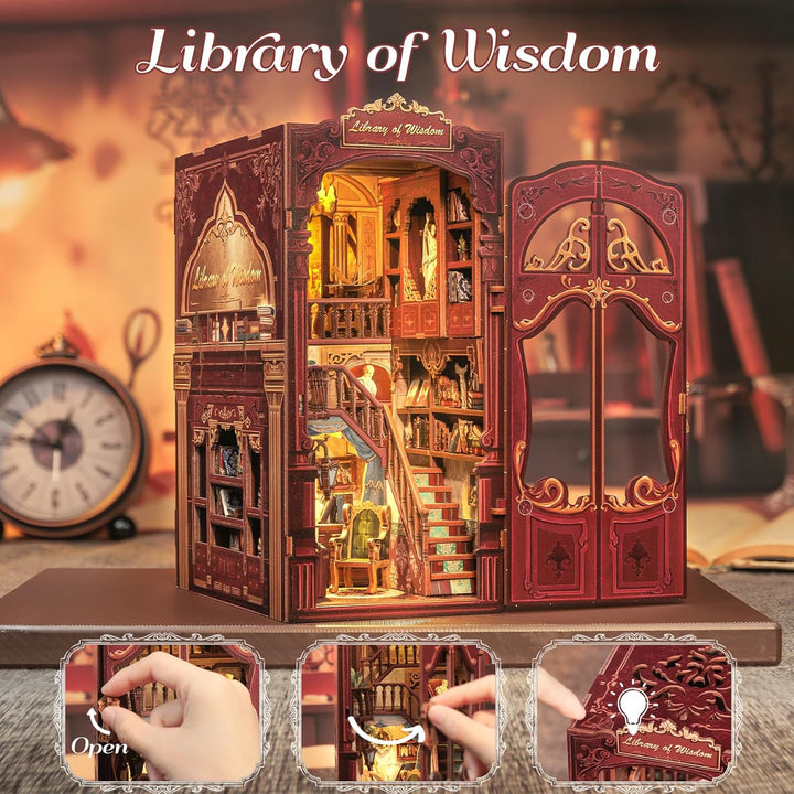 Fsolis DIY Book Nook,Puppenhaus Miniatur Haus Kit mit Holz Möbeln und LED-Licht,Bücherecke Bücherreg
