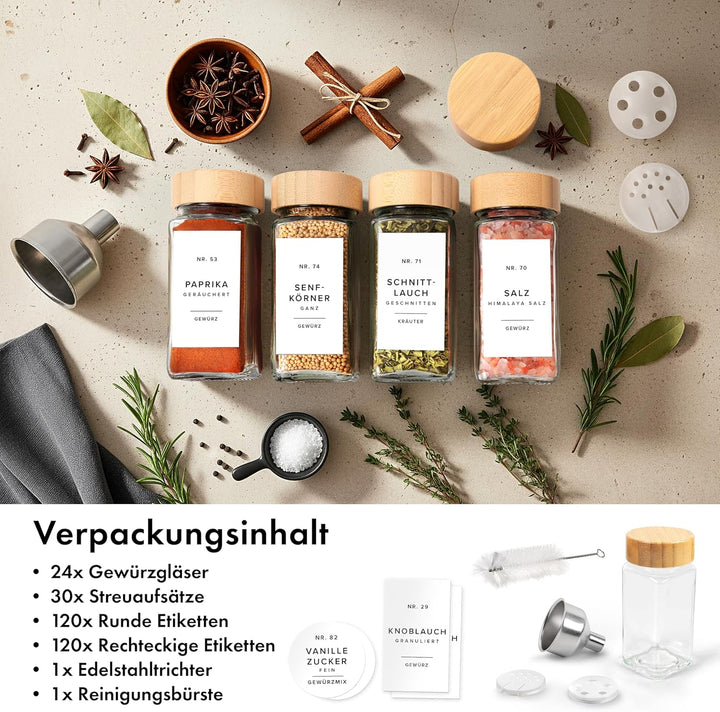 EDELHAUS® Gewürzgläser Eckig mit Bambus Holzdeckel (24 Stück) Gewürzdosen mit Streueinsatz und 240 E