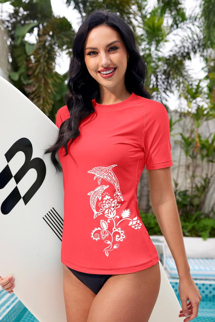 BesserBay Damen Rash Guard Shirt UPF 50+ Rundhals Kurzarm Schnelltrocknend Badeshirt S-XXL M 5 Karol