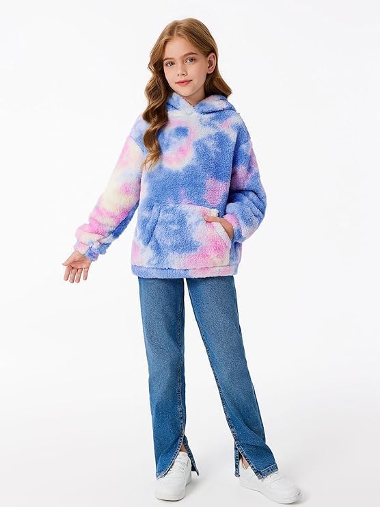Haloumoning Kapuzenpullover Kinder Teddy Fleece Hoodie Tie Dye Warm Sherpa Sweatershirt Mädchen Jung