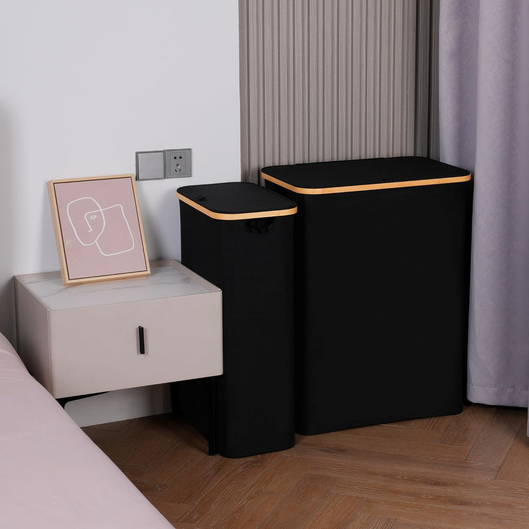 efluky Wäschekorb mit Deckel 75L, Schmal Wäschekorb mit Waschbarer Innentasche, Schwarz Wäschebehält