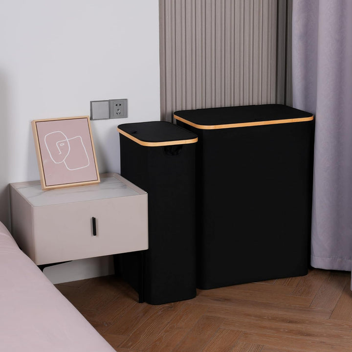 efluky Wäschekorb mit Deckel 75L, Schmal Wäschekorb mit Waschbarer Innentasche, Schwarz Wäschebehält