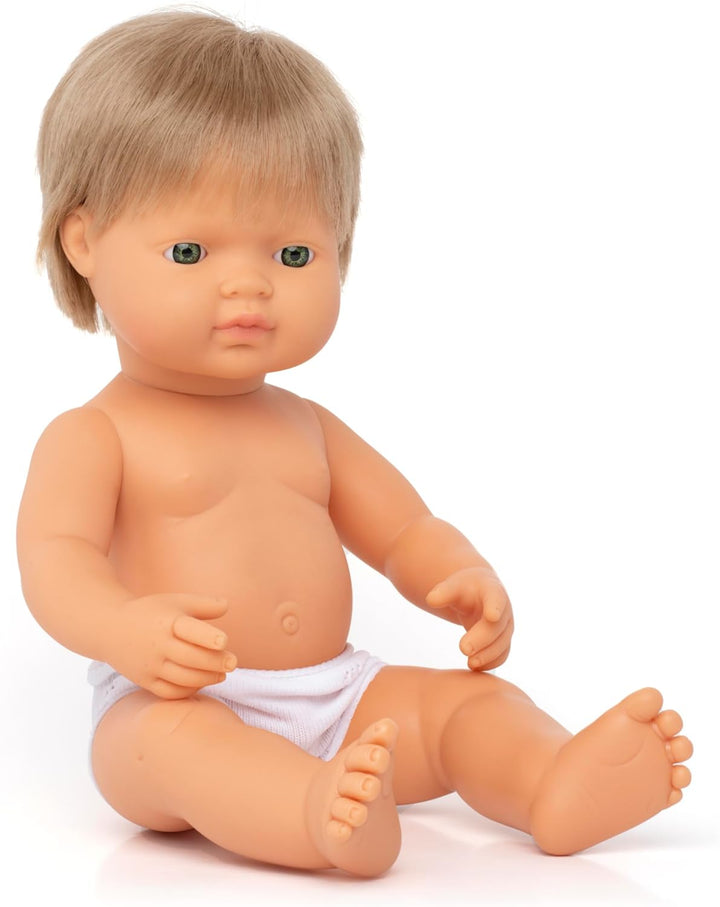 Miniland Dolls: europäische Babypuppe Junge mit dunkelblondem Haar, 38cm, aus weichem Vinyl, in tran
