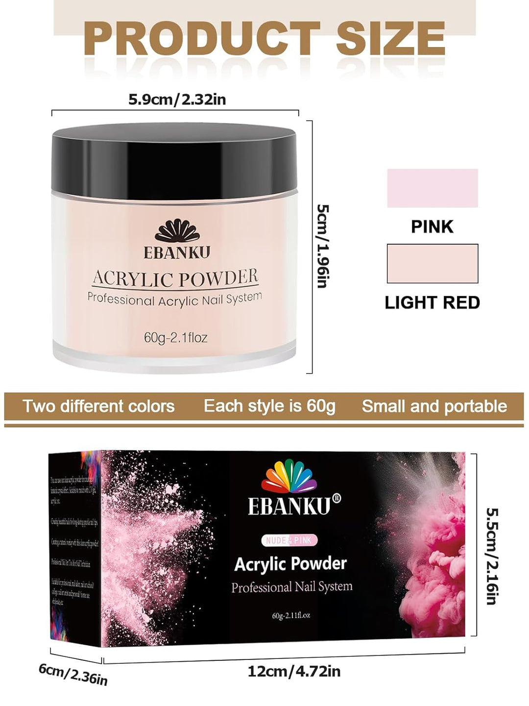 EBANKU 2 x Professionelles Acryl-Pulver für Nagelverlängerungen, raues Rosa, für Nagelverlängerungen