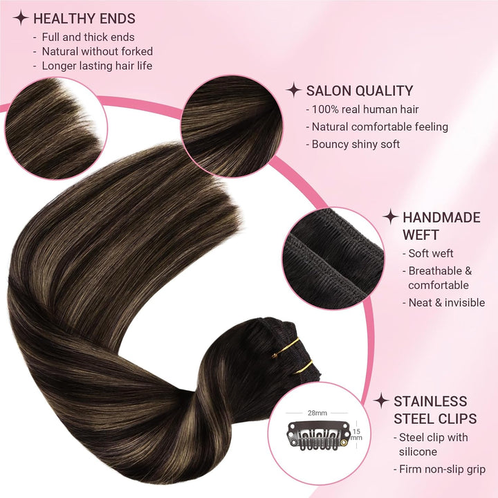 MAXITA Clip in Haarverlängerungen aus echtem Menschenhaar, Remy Haar Clip in Extensions für Damen, n