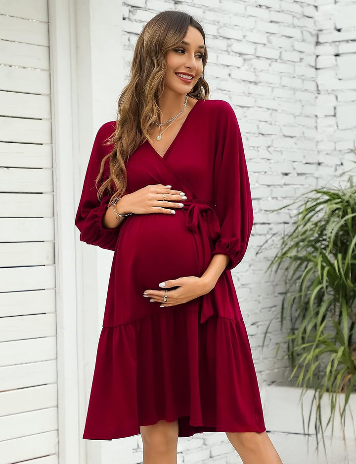 KOJOOIN Damen Umstandskleid V-Ausschnitt 3/4 Ärmel Stillkleid Rüschen Schwangerschafts Kleider mit G