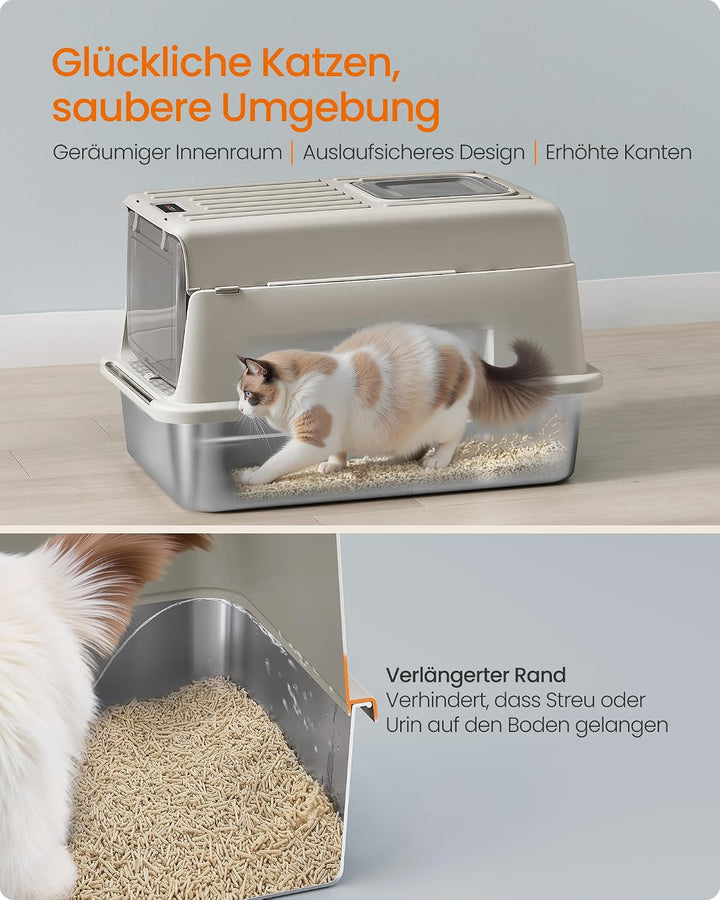 Feandrea Katzenklo Edelstahl, Katzentoilette mit Deckel, mit Schaufel, Katzenstreumatte und 2 Eingän