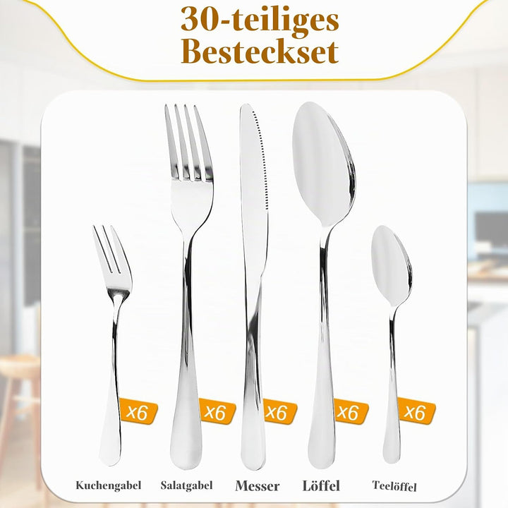 Besteck Set 6 Personen, 30 teilig Cutlery Set inkl. Messer, Gabel, Löffel, Besteckset Spiegelpoliert