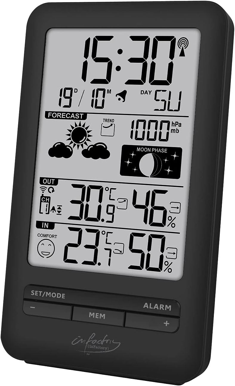infactory Digitale Wetterstation: Funk-Wetterstation mit Aussensensor, Prognose, Luftdruck und Mondp