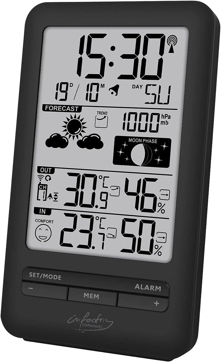 infactory Digitale Wetterstation: Funk-Wetterstation mit Aussensensor, Prognose, Luftdruck und Mondp