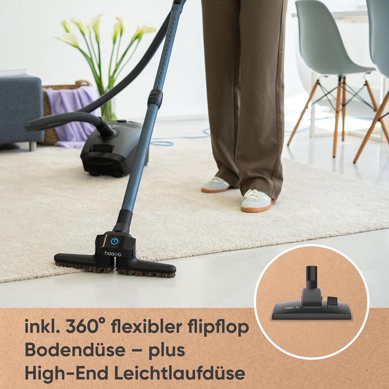 hoogo B3+ anthrazit mit Flipflop Bodendüse | Staubsauger mit Beutel | Starke 850 W Saugleistung | HE