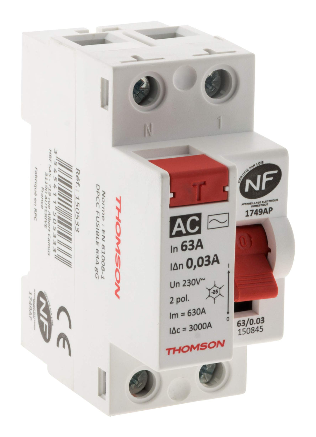 Thomson Differentialschalter mit Schraube, 63 A, Typ AC NF 63A Typ AC Einzigartig, 63A Typ AC Einzig