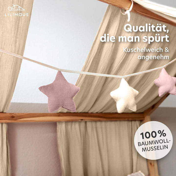 LILIMAUS Sternen Wimpelkette Stoff - 12 Farben - Kinderzimmer Deko - 100% Baumwolle Handmade - Musse