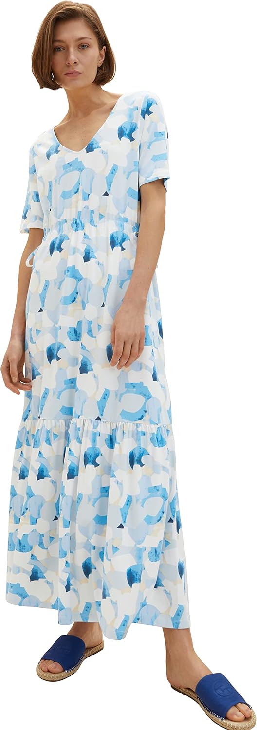 TOM TAILOR Damen Maxikleid mit Muster 34 32135 - Blue Shapes Design, 34 32135 - Blue Shapes Design