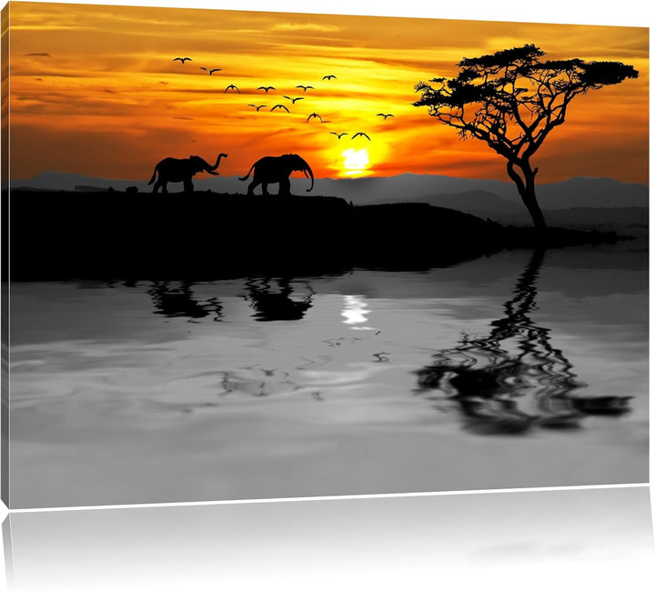 Afrikanische Steppe mit Elefanten schwarz/weiss Format: 100x70 auf Leinwand, XXL riesige Bilder fert