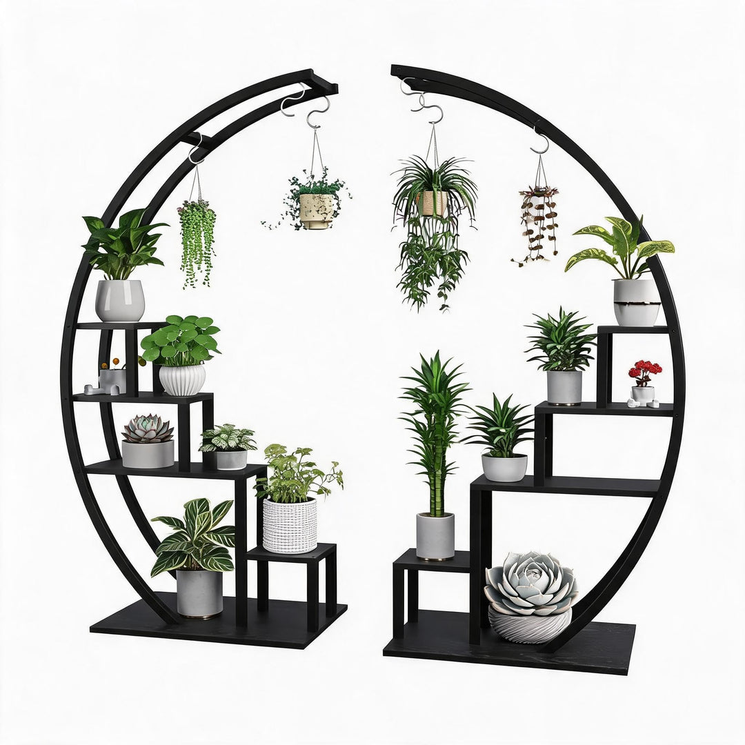 Pflanzenständer Metall 2er-Set, 5 Ebenen Blumenregal Halbmond, Hohe Blumentreppe Indoor, Pflanzenreg