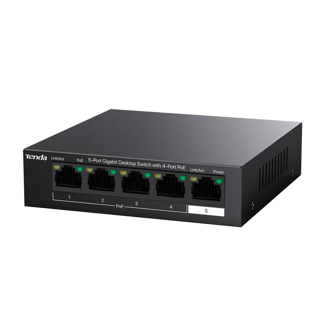 Tenda Gigabit PoE Switch 5 Ports mit 4 PoE+ Ports &amp; 1 Uplink-Port (58W, VLAN, IEEE-802.3af/at PoE, l