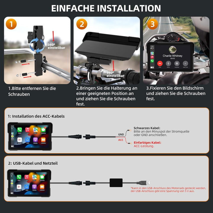 7 Zoll Motorrad Display mit Wireless CarPlay & Android Auto, 1000 Nits Helles Motorrad Navi Touchscr
