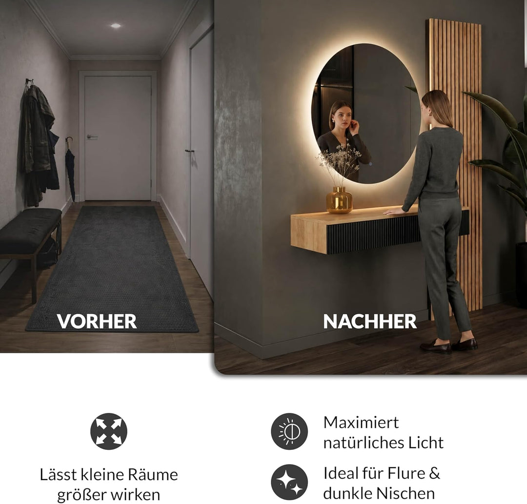 Planetmöbel Flur Garderobe Set Konsolentisch 100 cm inkl. Spiegel mit Beleuchtung rund (ohne Rahmen)