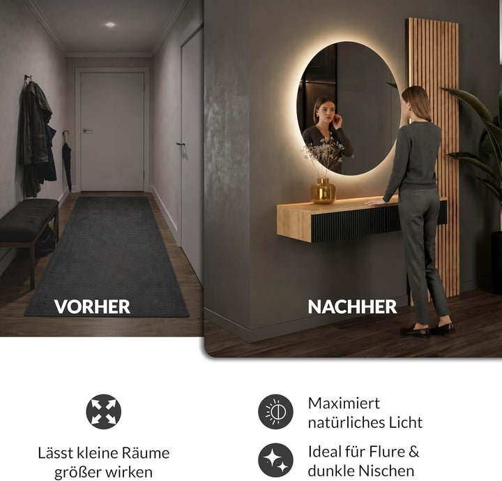 Planetmöbel Flur Garderobe Set Konsolentisch 100 cm inkl. Spiegel mit Beleuchtung rund (ohne Rahmen)