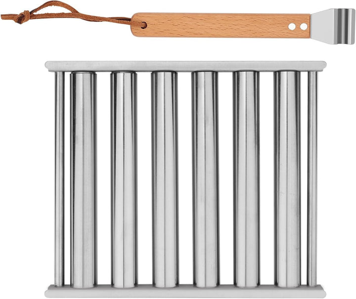 Edelstahl Hot Dog Roller für Grill + Metallspatel mit Langem Holzgriff, BBQ Wurstroller für Grill Pl