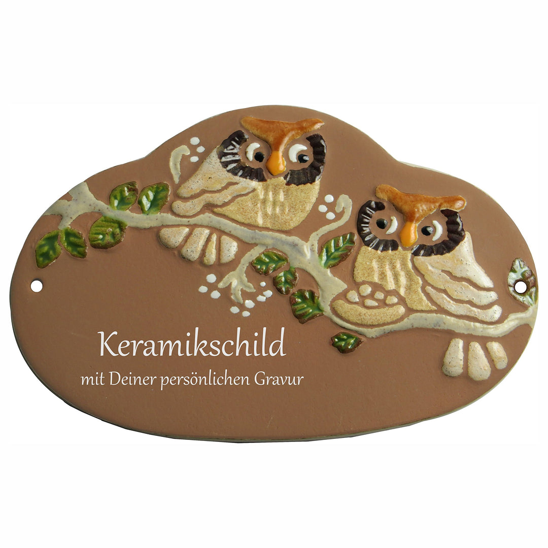 Handarbeit aus Schleswig-Holstein Keramikschild 19,5 x 12,5 cm Motiv Nest und Zwei Eulen auf AST (br