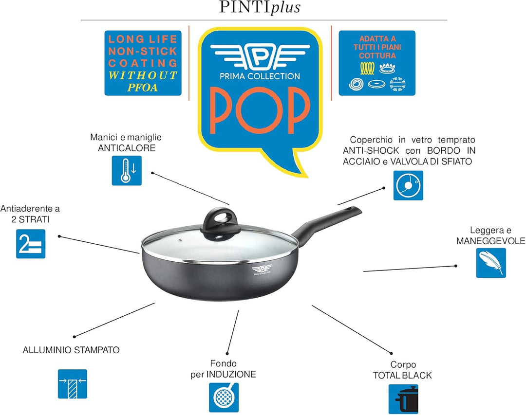 Pintinox Prima Collection, Schwarzer Sautapasta-Wok, Antihaftbeschichtung, Induktion, Deckel aus geh
