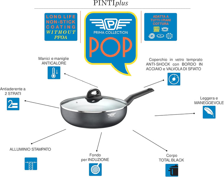Pintinox Prima Collection, Schwarzer Sautapasta-Wok, Antihaftbeschichtung, Induktion, Deckel aus geh