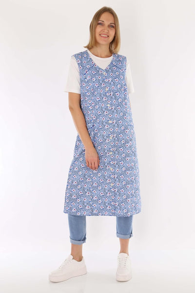 Knopfkittel Baumwolle bunt Kochschürze Hauskleid Kittel Schürze ohne Arm 40 Blau, 40 Blau