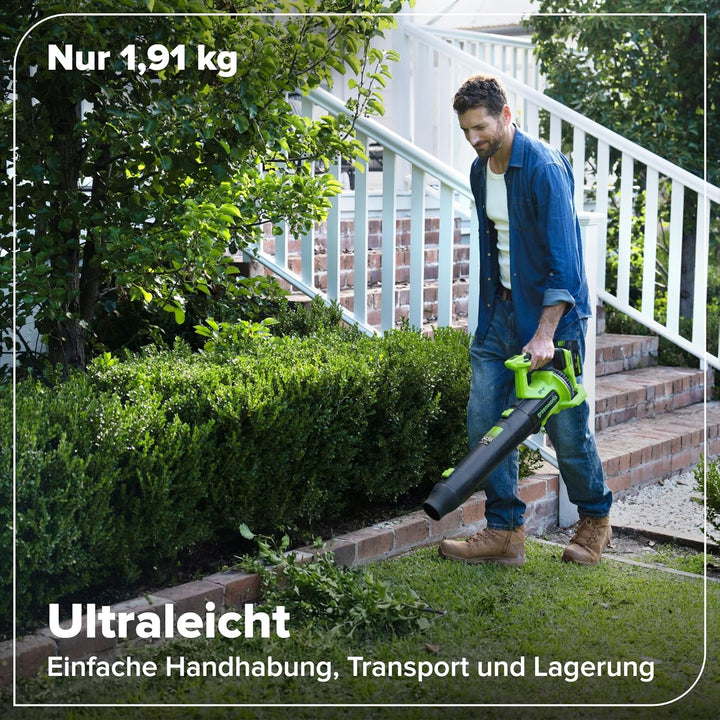 Greenworks 24V Akku-Laubbläser, Bürstenlos, 14,58 m³/min, 209 km/h, QUIETFORCE, inkl. 4Ah USB Akku &
