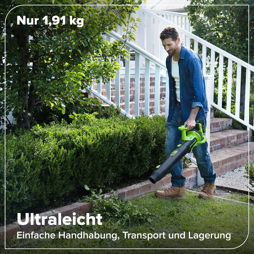 Greenworks 24V Akku-Laubbläser mit Bürstenlosem Motor, 14,58 m³/min Luftstrom, 209 km/h Luftgeschwin